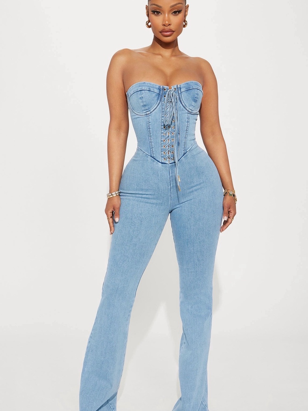 Fashion Nova Light Blue Denim Corset Flare Jumpsuit